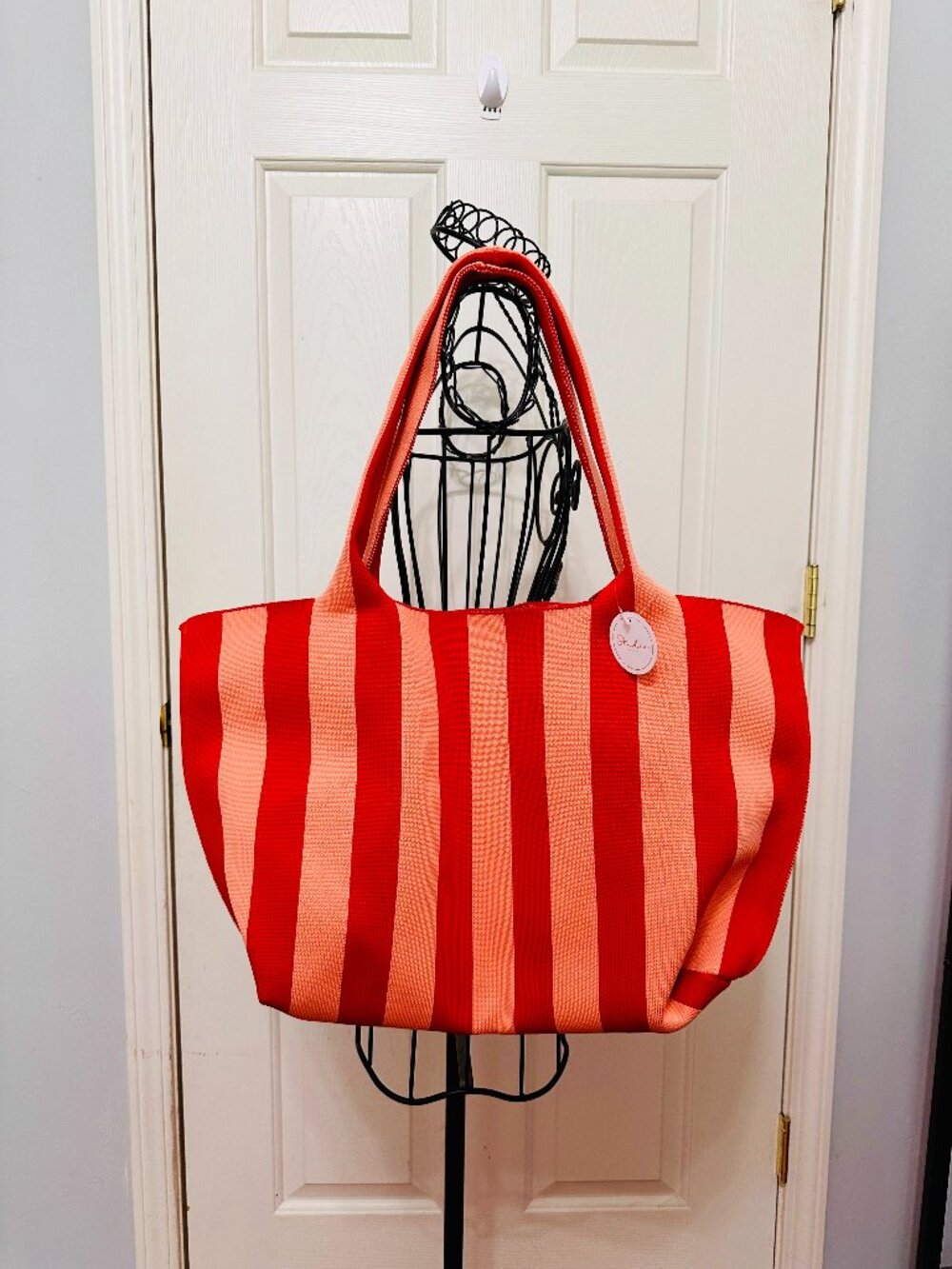 STUDIO NYC ORANGE STRIPES KNIT SHOPPER TOTE BAG